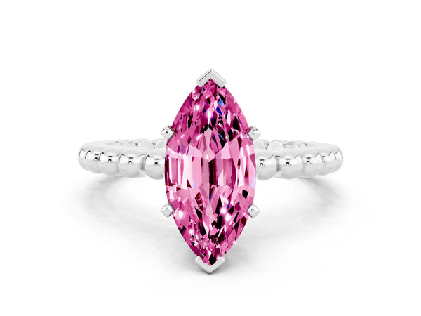 Platinum Marquise Cut Pink Sapphire Solitaire Ring with Beaded Band and Prong Setting