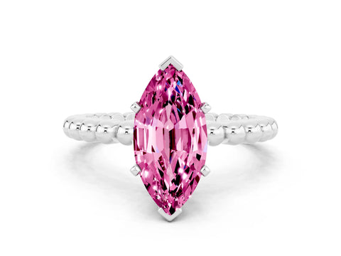 White gold Marquise Cut Pink Sapphire Solitaire Ring with Beaded Band and Prong Setting_24