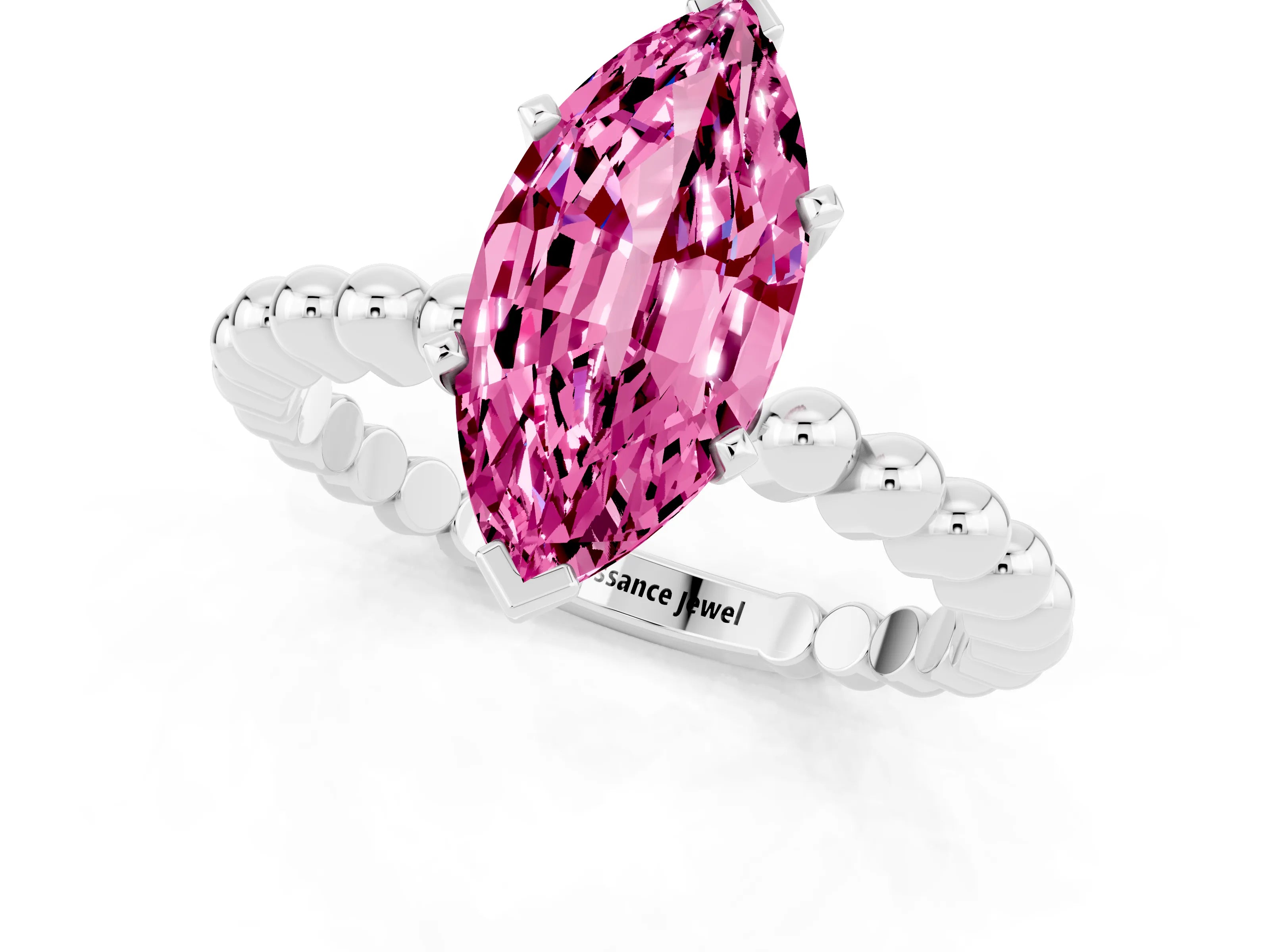 White gold Marquise Cut Pink Sapphire Solitaire Ring with Beaded Band and Prong Setting_25