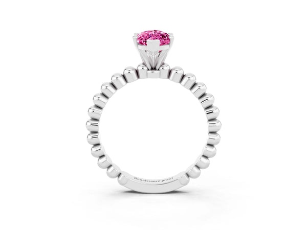 Platinum Marquise Cut Pink Sapphire Solitaire Ring with Beaded Band and Prong Setting