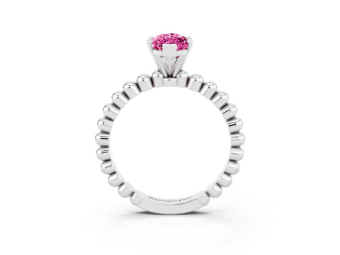 White gold Marquise Cut Pink Sapphire Solitaire Ring with Beaded Band and Prong Setting_27