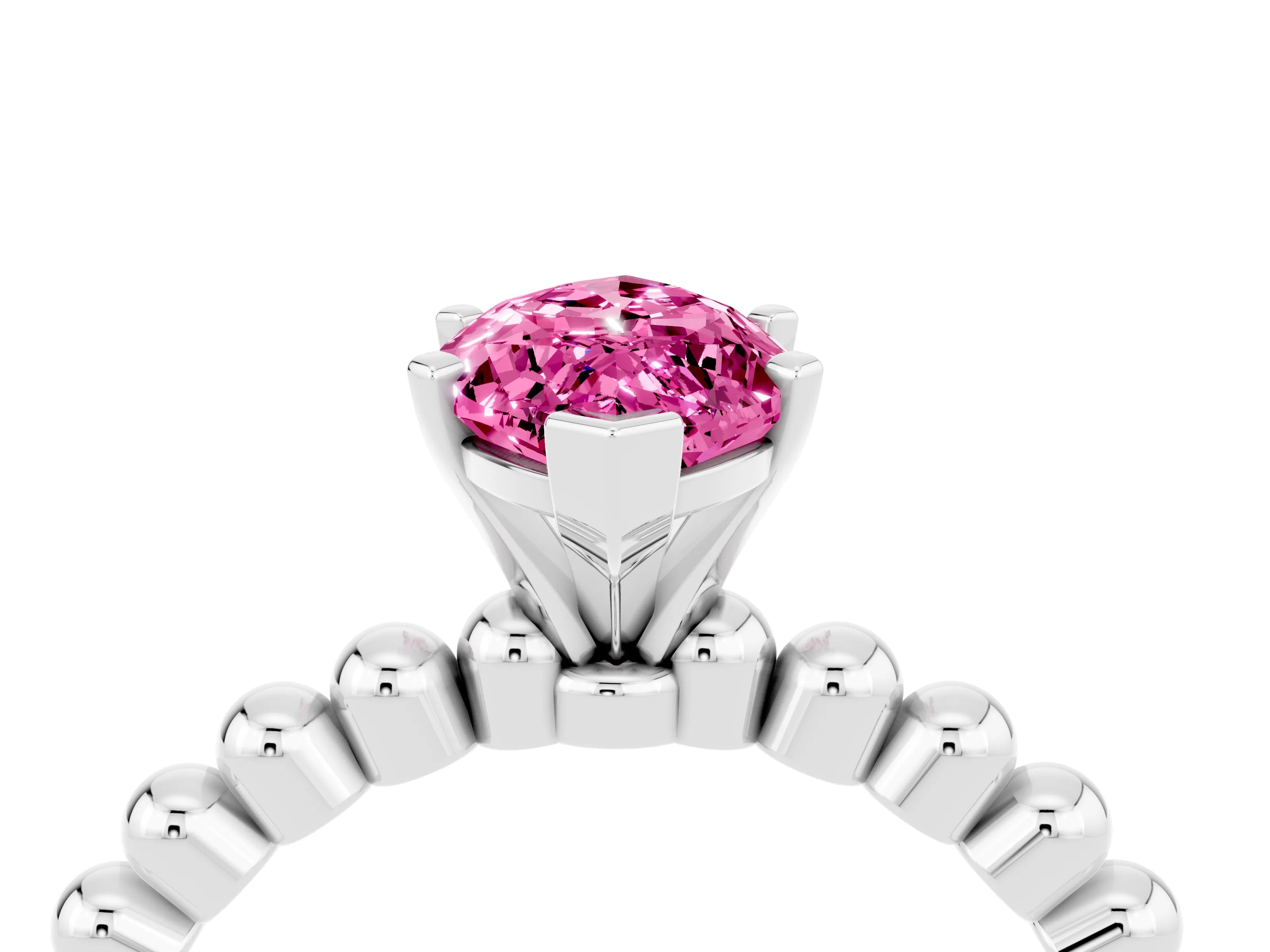 White gold Marquise Cut Pink Sapphire Solitaire Ring with Beaded Band and Prong Setting_28