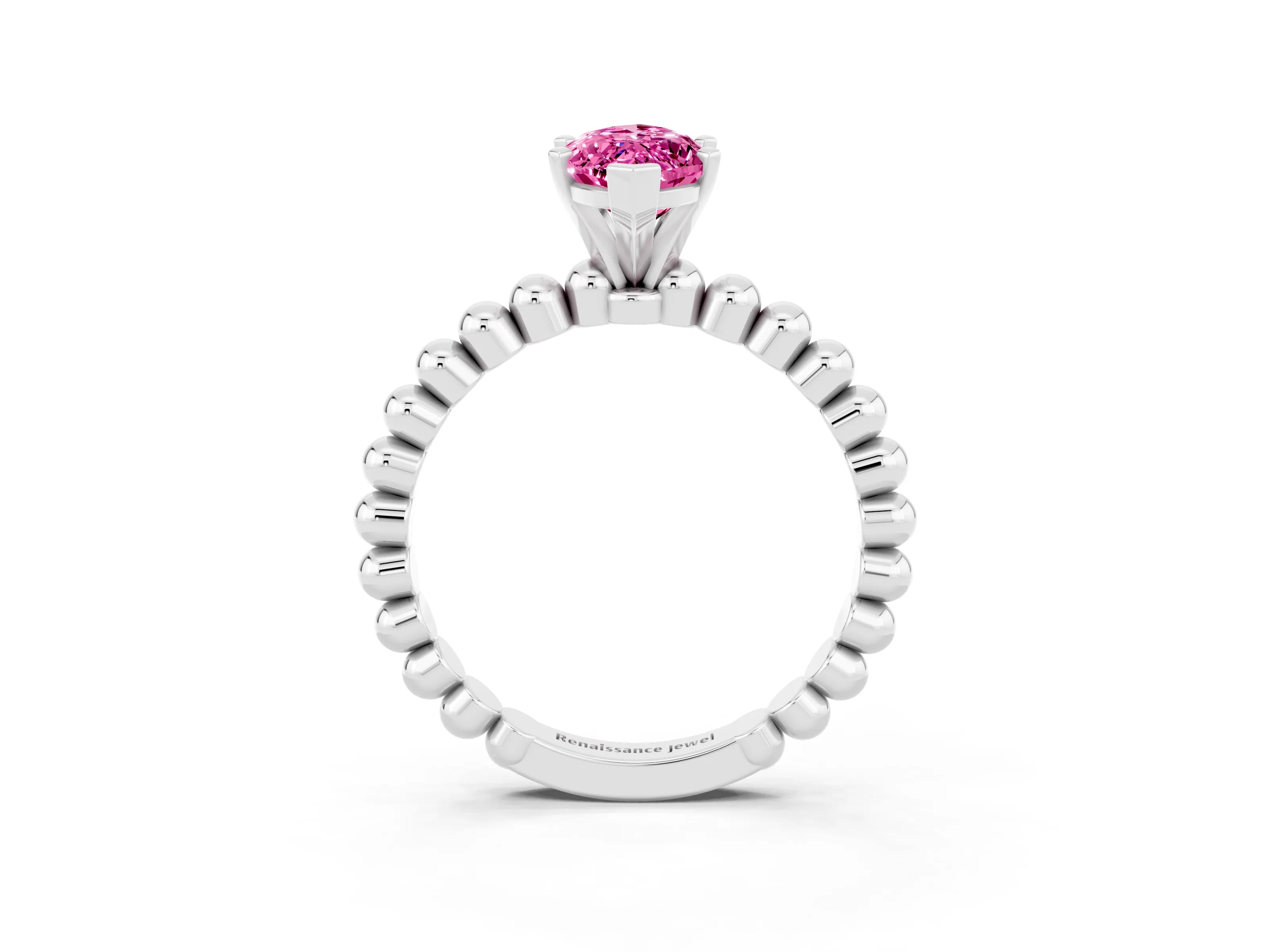 White gold Marquise Cut Pink Sapphire Solitaire Ring with Beaded Band and Prong Setting_39