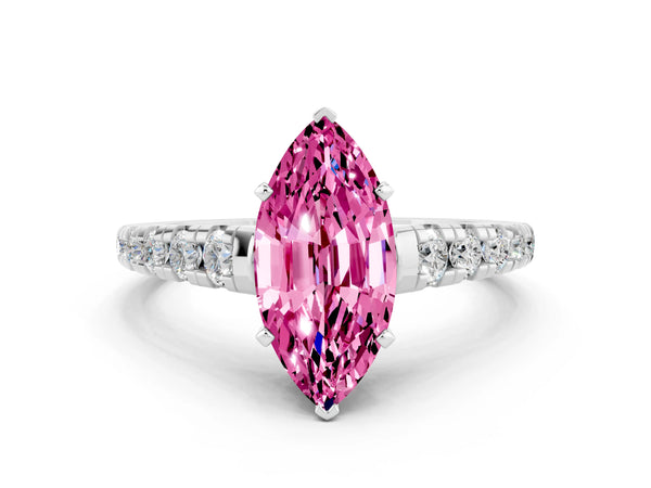 Platinum Marquise Cut Pink Sapphire Cathedral Solitaire Ring with Round  Pavé Band