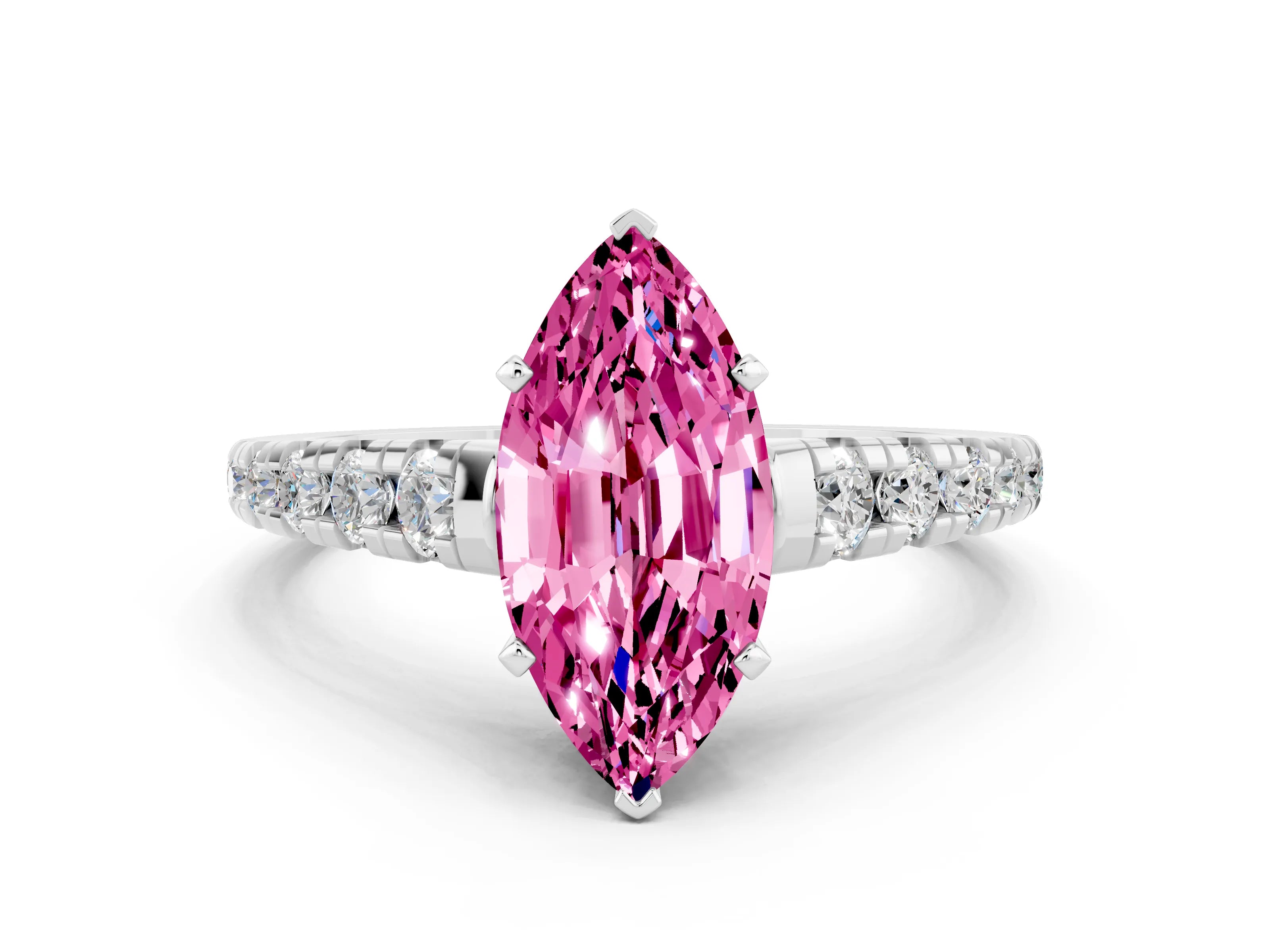 White gold Marquise Cut Pink Sapphire Solitaire Ring with Cathedral Setting and Pavé Band_24