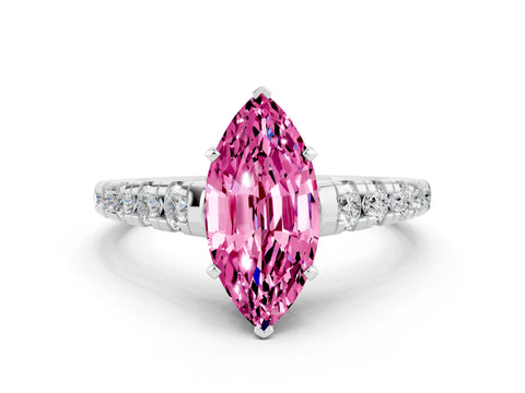 White gold Marquise Cut Pink Sapphire Solitaire Ring with Cathedral Setting and Pavé Band_24