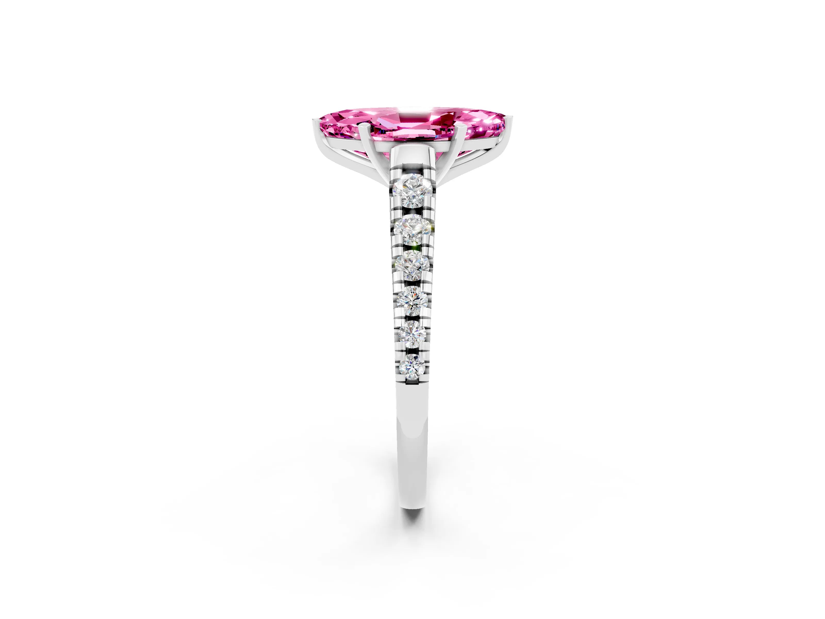 White gold Marquise Cut Pink Sapphire Solitaire Ring with Cathedral Setting and Pavé Band_26