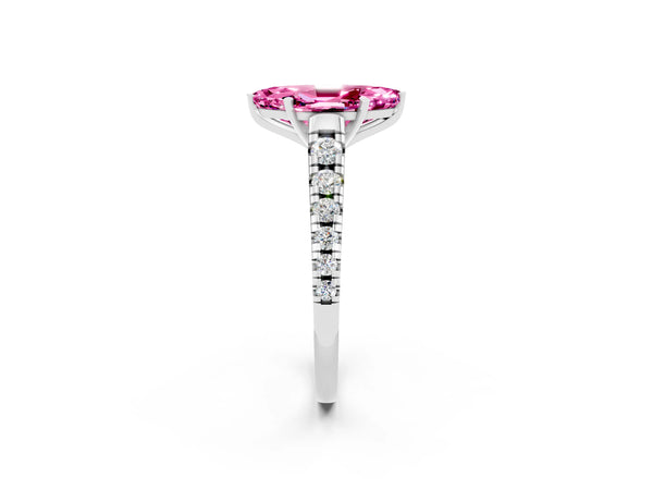 Silver Marquise Cut Pink Sapphire Cathedral Solitaire Ring with Round  Pavé Band