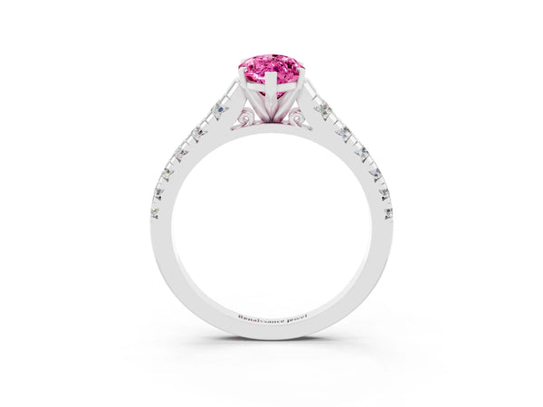 Platinum Marquise Cut Pink Sapphire Cathedral Solitaire Ring with Round  Pavé Band