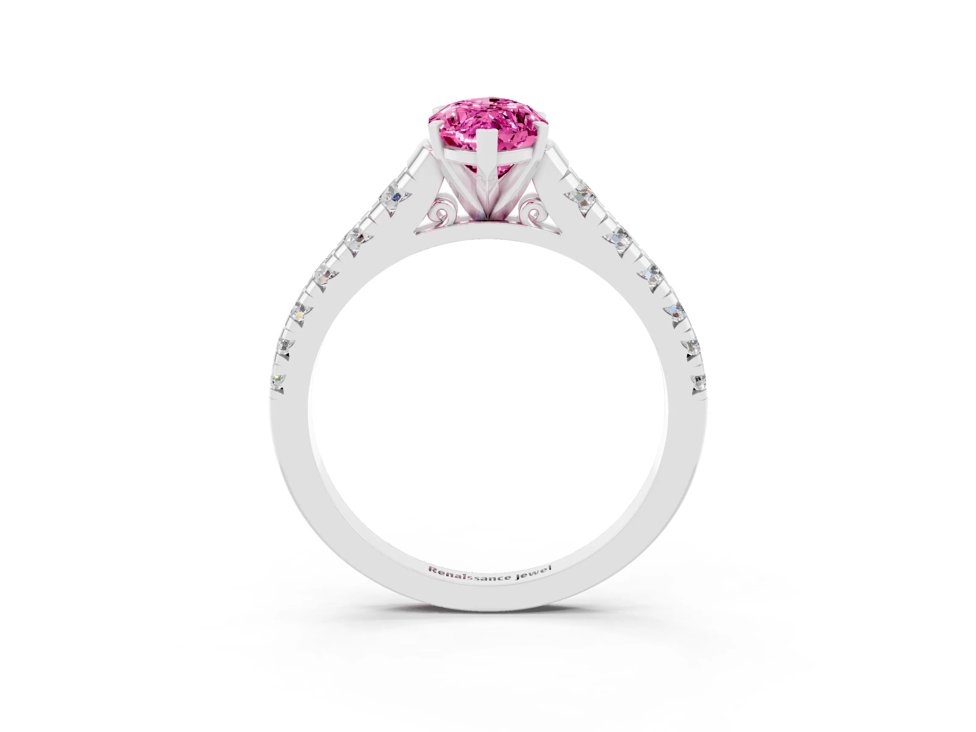 White gold Marquise Cut Pink Sapphire Solitaire Ring with Cathedral Setting and Pavé Band_27