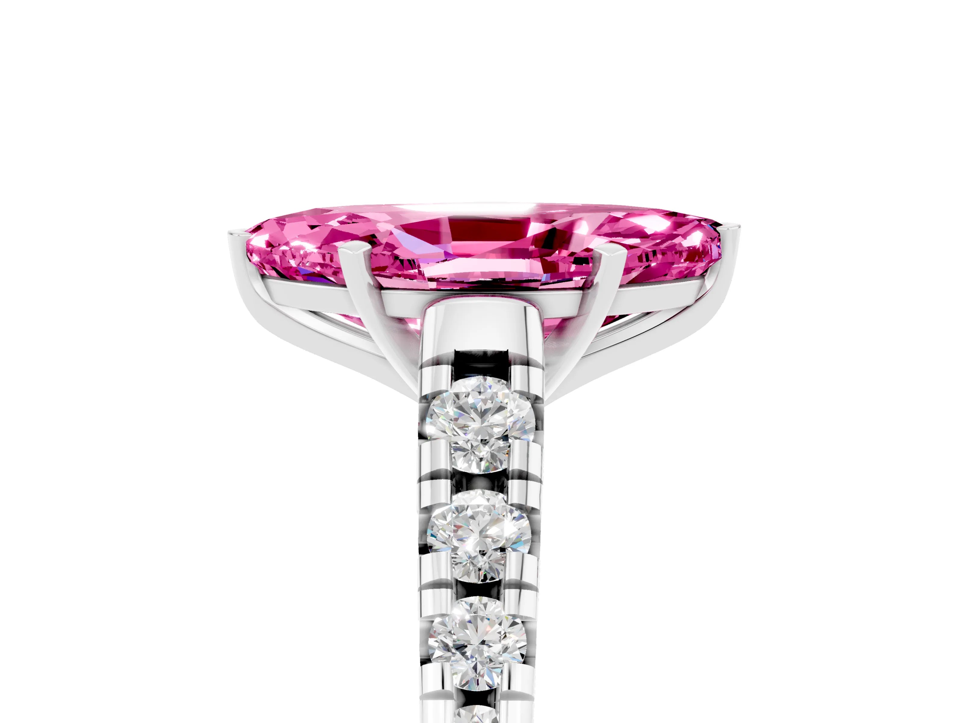 White gold Marquise Cut Pink Sapphire Solitaire Ring with Cathedral Setting and Pavé Band_29