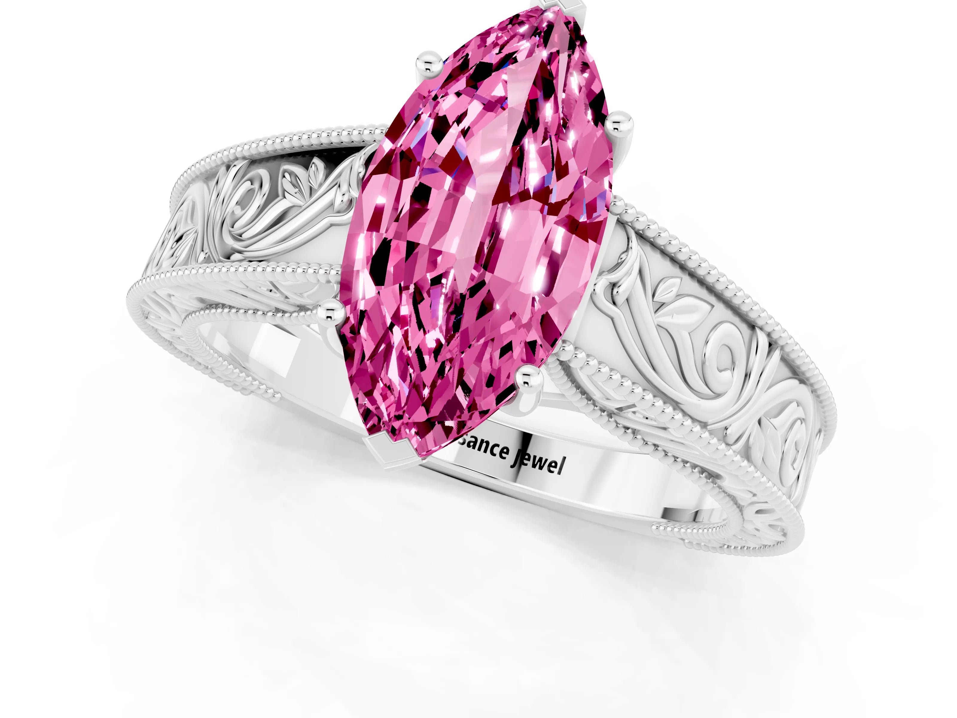 White gold Marquise Cut Pink Sapphire Solitaire Ring with Engraved Band and Four-Prong Setting_1