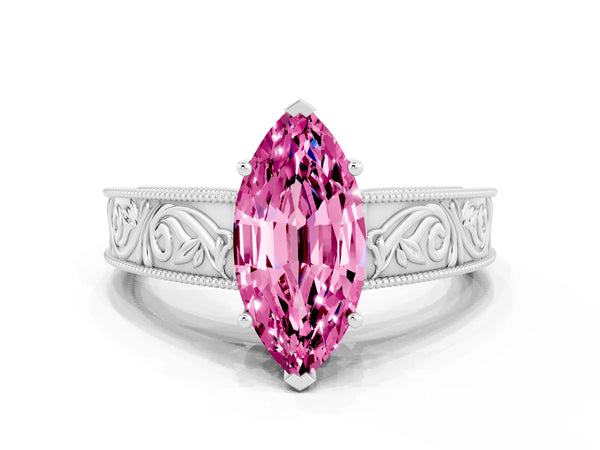 White gold Marquise Cut Pink Sapphire Solitaire Ring with Engraved Band and Four-Prong Setting