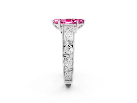 White gold Marquise Cut Pink Sapphire Solitaire Ring with Engraved Band and Four-Prong Setting_2