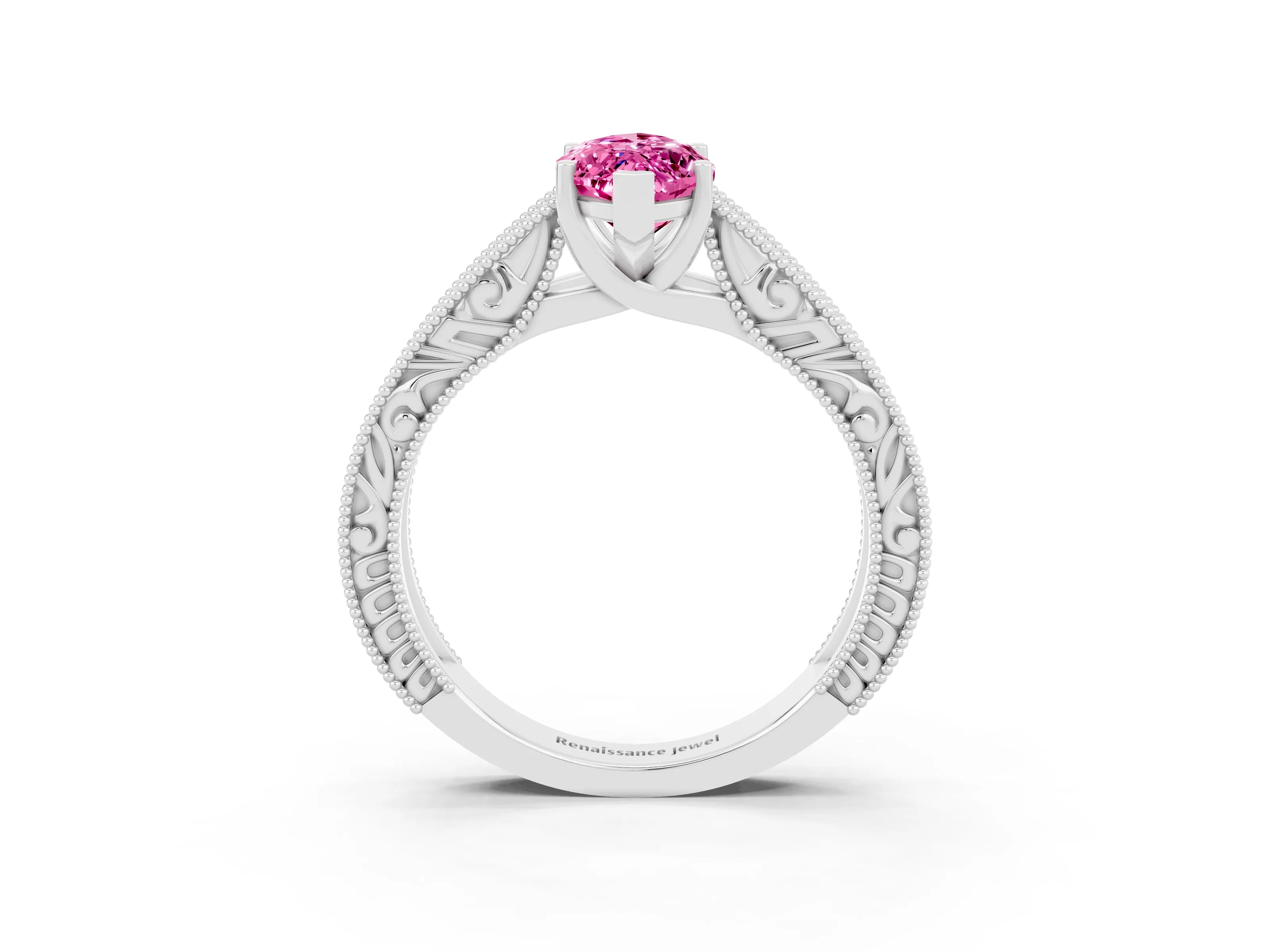 White gold Marquise Cut Pink Sapphire Solitaire Ring with Engraved Band and Four-Prong Setting_3