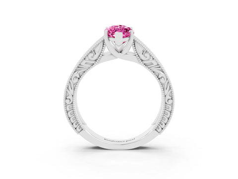 White gold Marquise Cut Pink Sapphire Solitaire Ring with Engraved Band and Four-Prong Setting_3