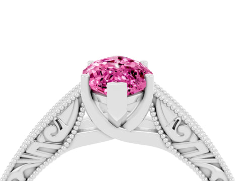 White gold Marquise Cut Pink Sapphire Solitaire Ring with Engraved Band and Four-Prong Setting_4