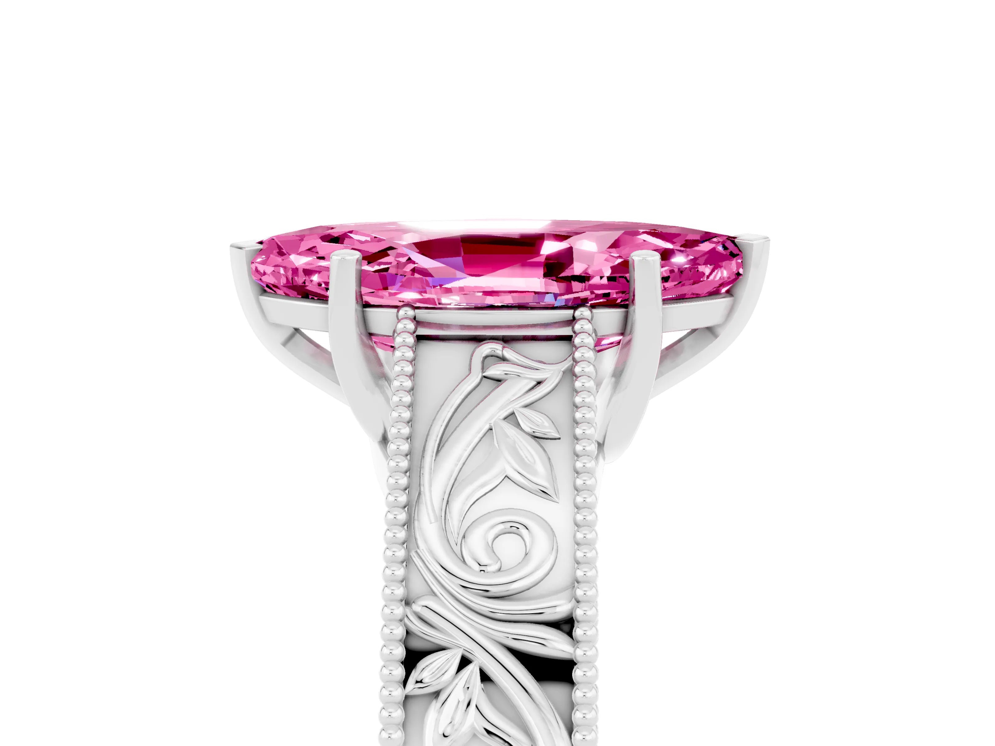 White gold Marquise Cut Pink Sapphire Solitaire Ring with Engraved Band and Four-Prong Setting_5