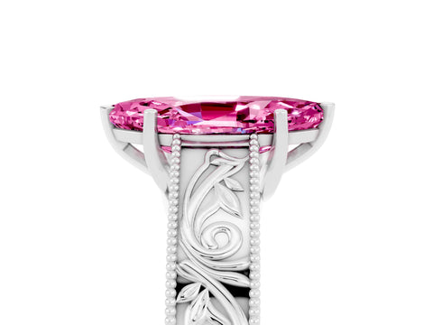 White gold Marquise Cut Pink Sapphire Solitaire Ring with Engraved Band and Four-Prong Setting_5