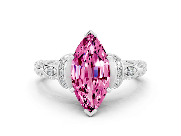White gold Marquise Cut Pink Sapphire Solitaire Ring with Filigree Band and Four-Prong Setting