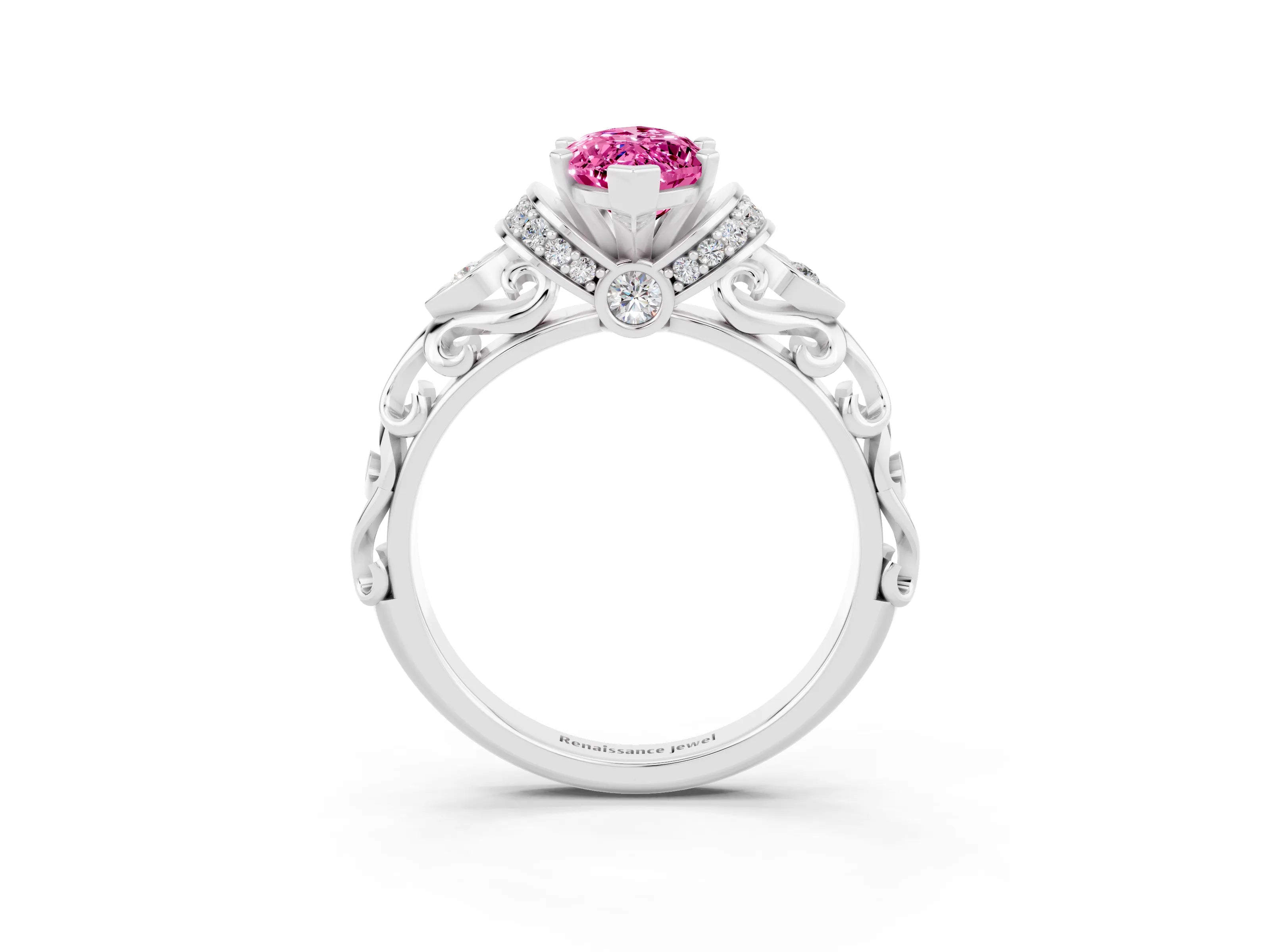 White gold Marquise Cut Pink Sapphire Solitaire Ring with Filigree Band and Four-Prong Setting_51