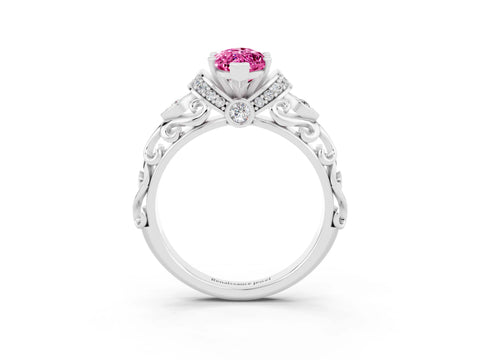 White gold Marquise Cut Pink Sapphire Solitaire Ring with Filigree Band and Four-Prong Setting_51