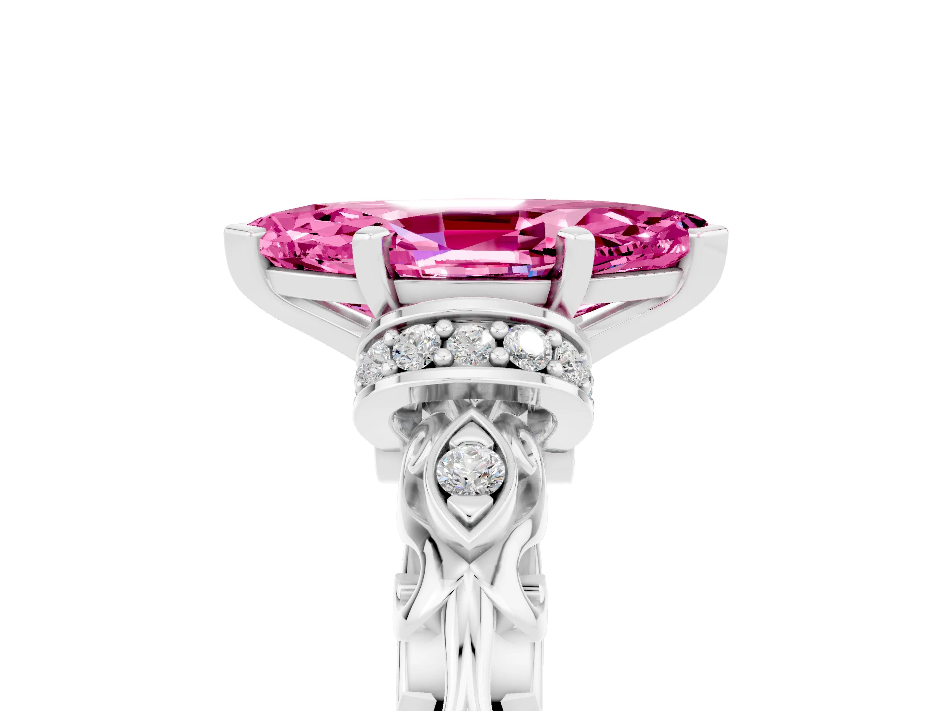 White gold Marquise Cut Pink Sapphire Solitaire Ring with Filigree Band and Four-Prong Setting_53