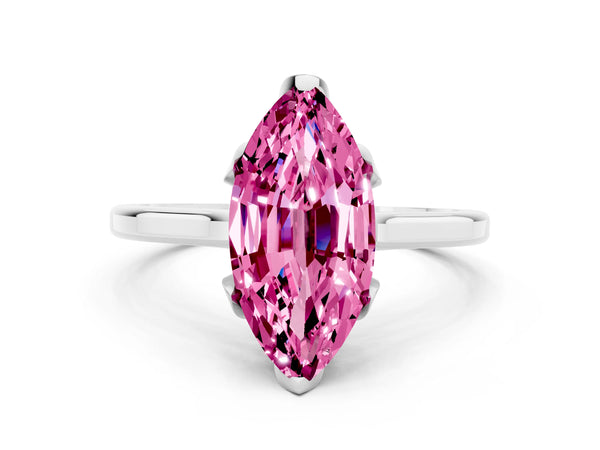 Platinum Marquise Cut Pink Sapphire Solitaire Ring with Flower Prong Setting and Classic Band