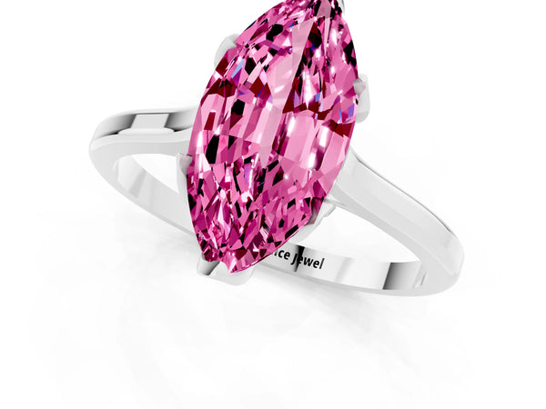 Silver Marquise Cut Pink Sapphire Solitaire Ring with Flower Prong Setting and Classic Band