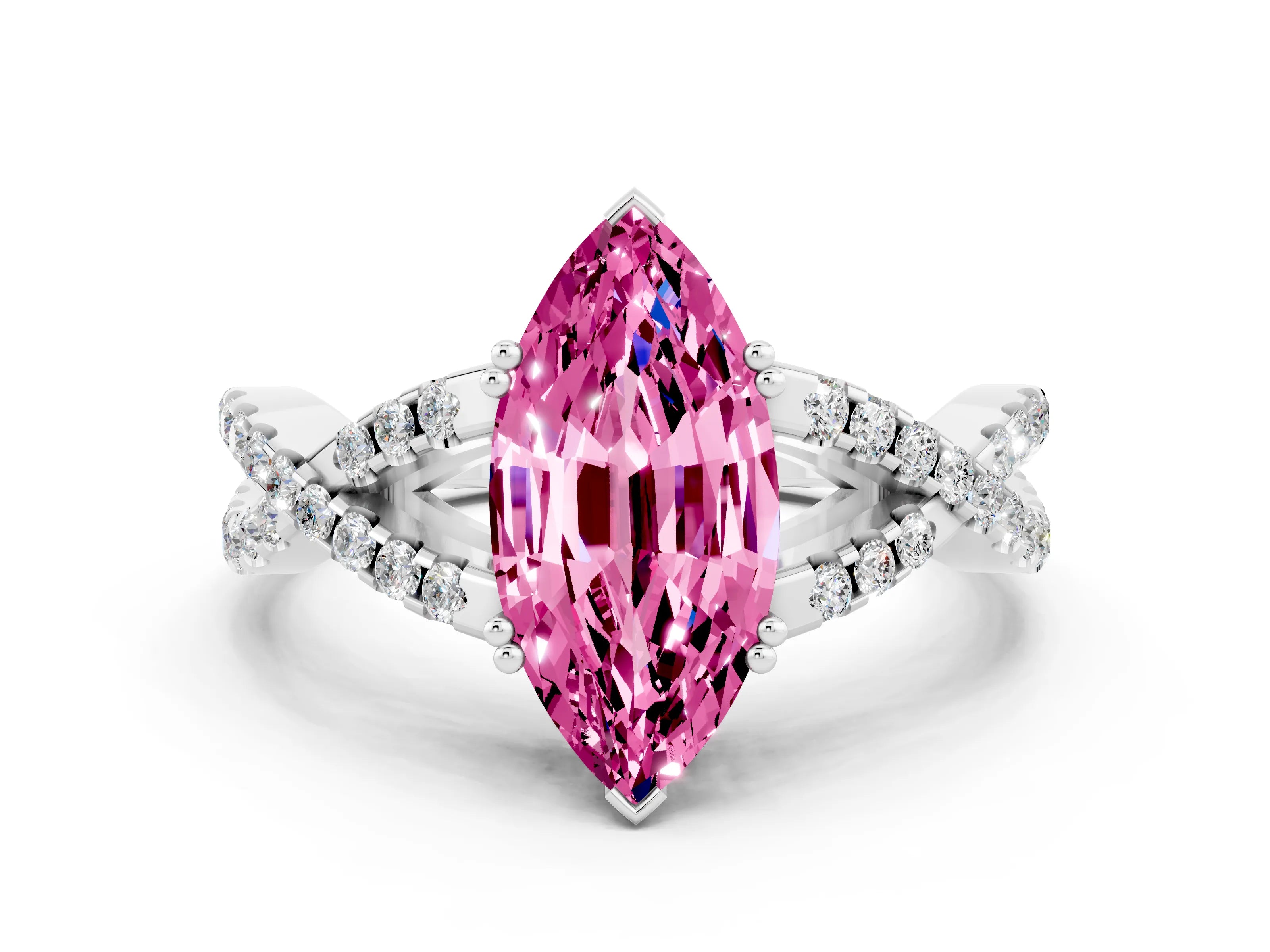 White gold Marquise Cut Pink Sapphire Solitaire Ring with Four-Prong Setting and Twisted Pavé Band_12