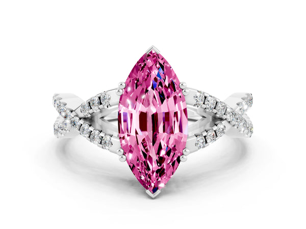 Silver Marquise Cut Pink Sapphire Solitaire Ring with Four-Prong Setting and Twisted Pavé Band