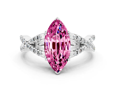 White gold Marquise Cut Pink Sapphire Solitaire Ring with Four-Prong Setting and Twisted Pavé Band_12