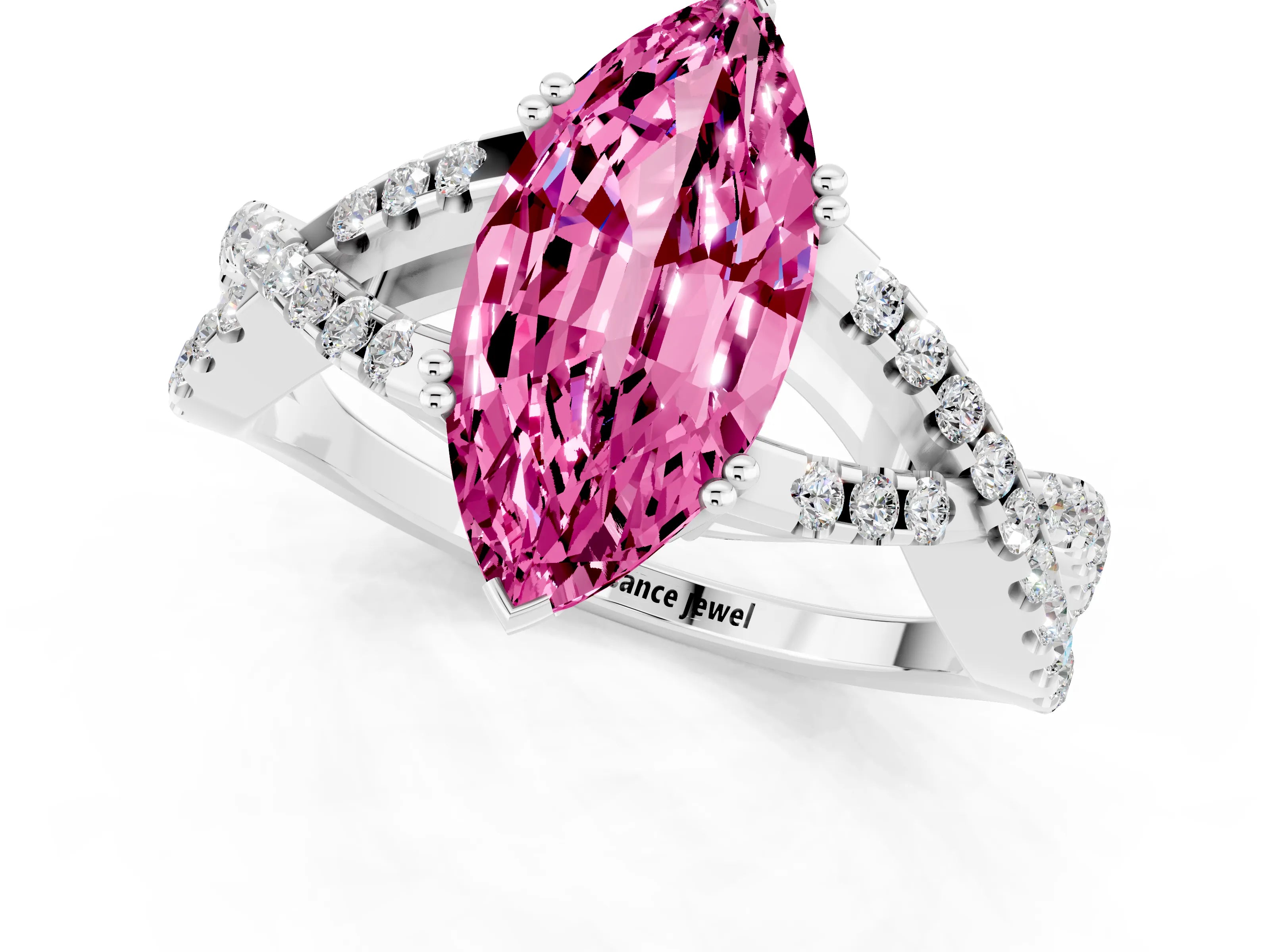 White gold Marquise Cut Pink Sapphire Solitaire Ring with Four-Prong Setting and Twisted Pavé Band_13