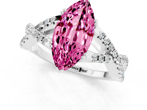 White gold Marquise Cut Pink Sapphire Solitaire Ring with Four-Prong Setting and Twisted Pavé Band_13