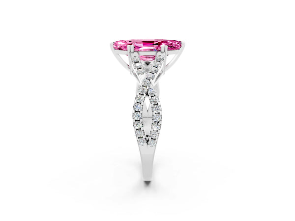 Platinum Marquise Cut Pink Sapphire Solitaire Ring with Four-Prong Setting and Twisted Pavé Band