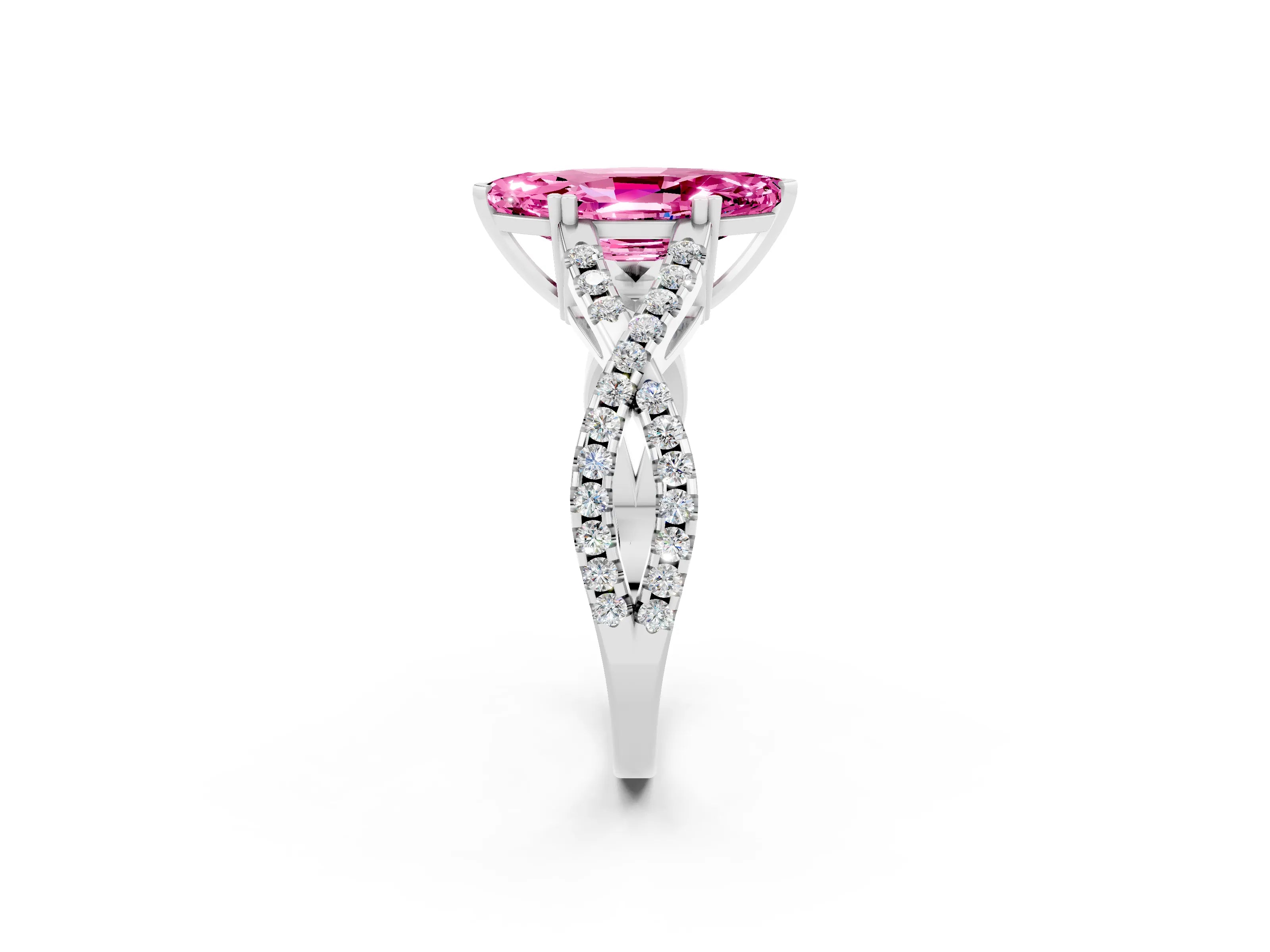 White gold Marquise Cut Pink Sapphire Solitaire Ring with Four-Prong Setting and Twisted Pavé Band_14
