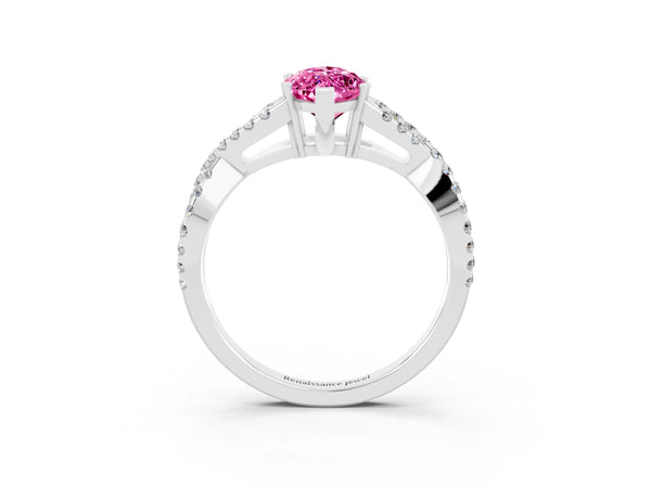 White gold Marquise Cut Pink Sapphire Solitaire Ring with Four-Prong Setting and Twisted Pavé Band