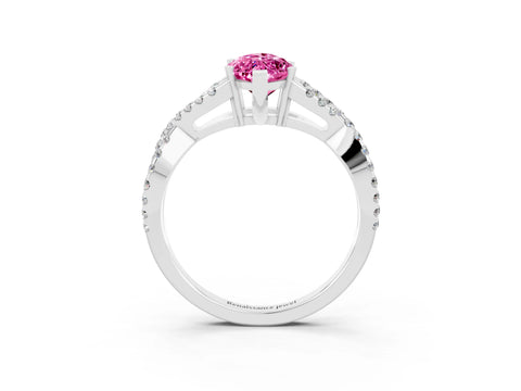 White gold Marquise Cut Pink Sapphire Solitaire Ring with Four-Prong Setting and Twisted Pavé Band_15