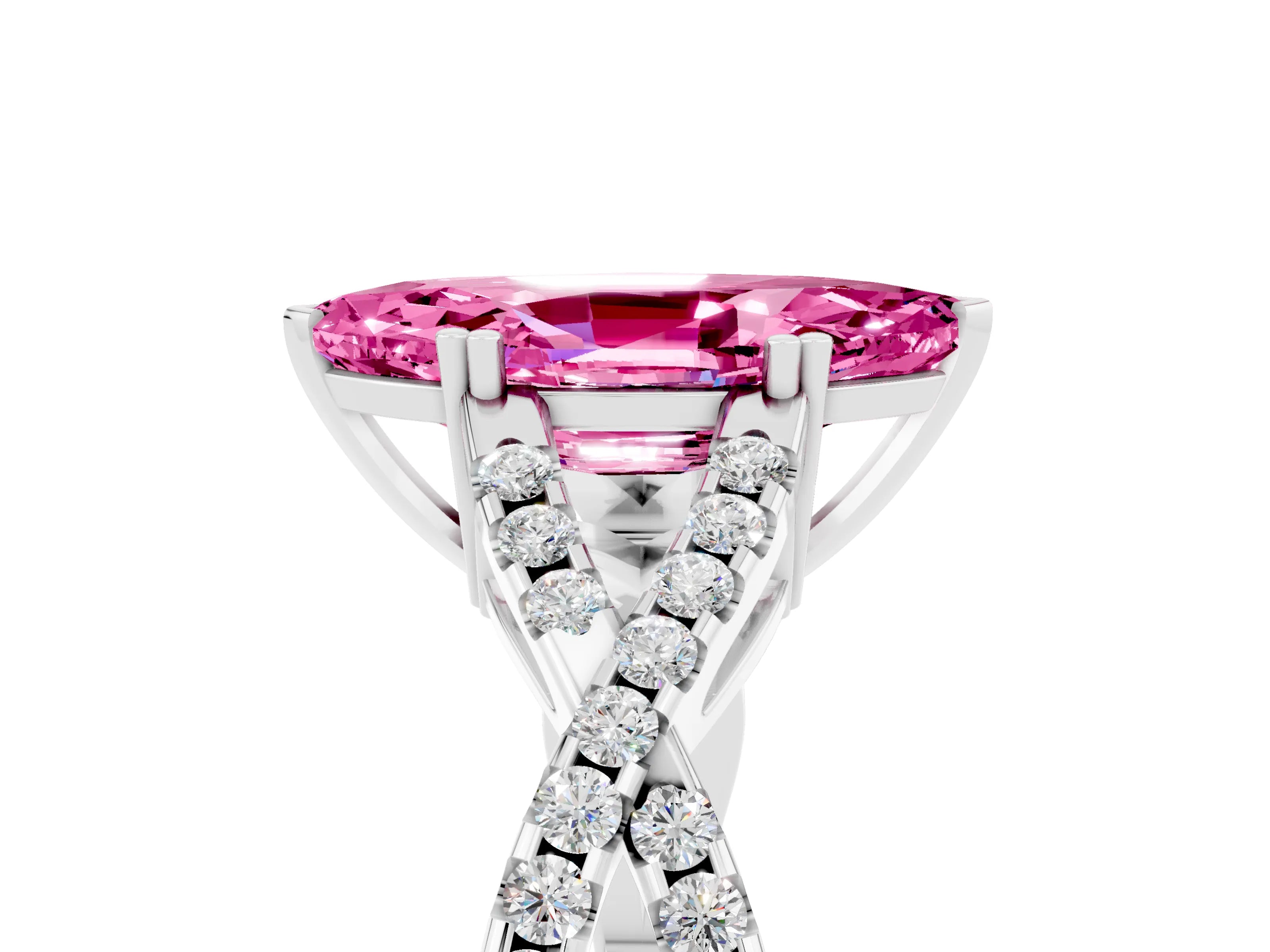 White gold Marquise Cut Pink Sapphire Solitaire Ring with Four-Prong Setting and Twisted Pavé Band_17