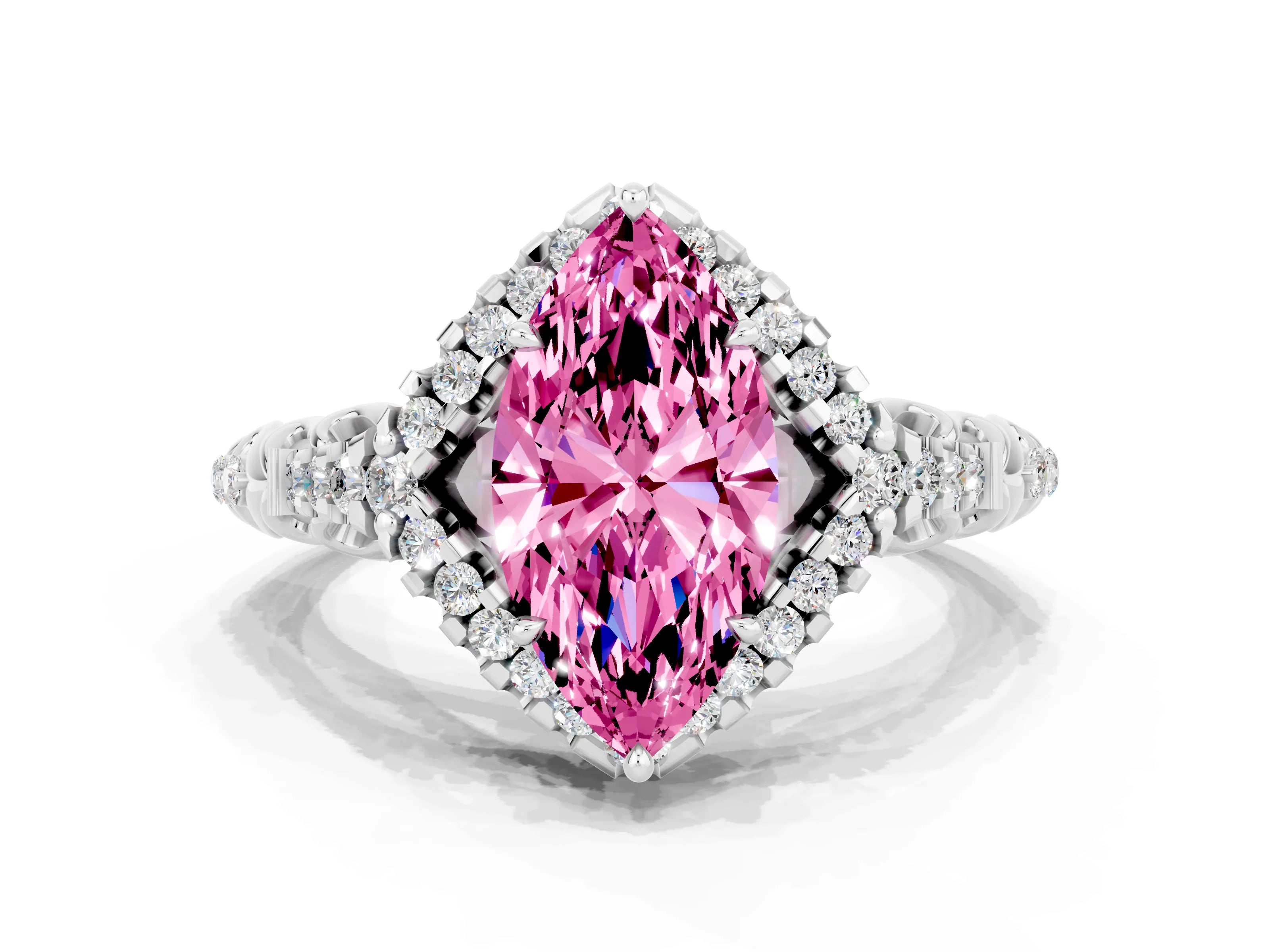 White gold Marquise Cut Pink Sapphire Solitaire Ring with Hidden Halo and Pavé Band_12