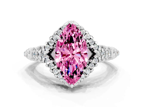 White gold Marquise Cut Pink Sapphire Solitaire Ring with Hidden Halo and Pavé Band_12