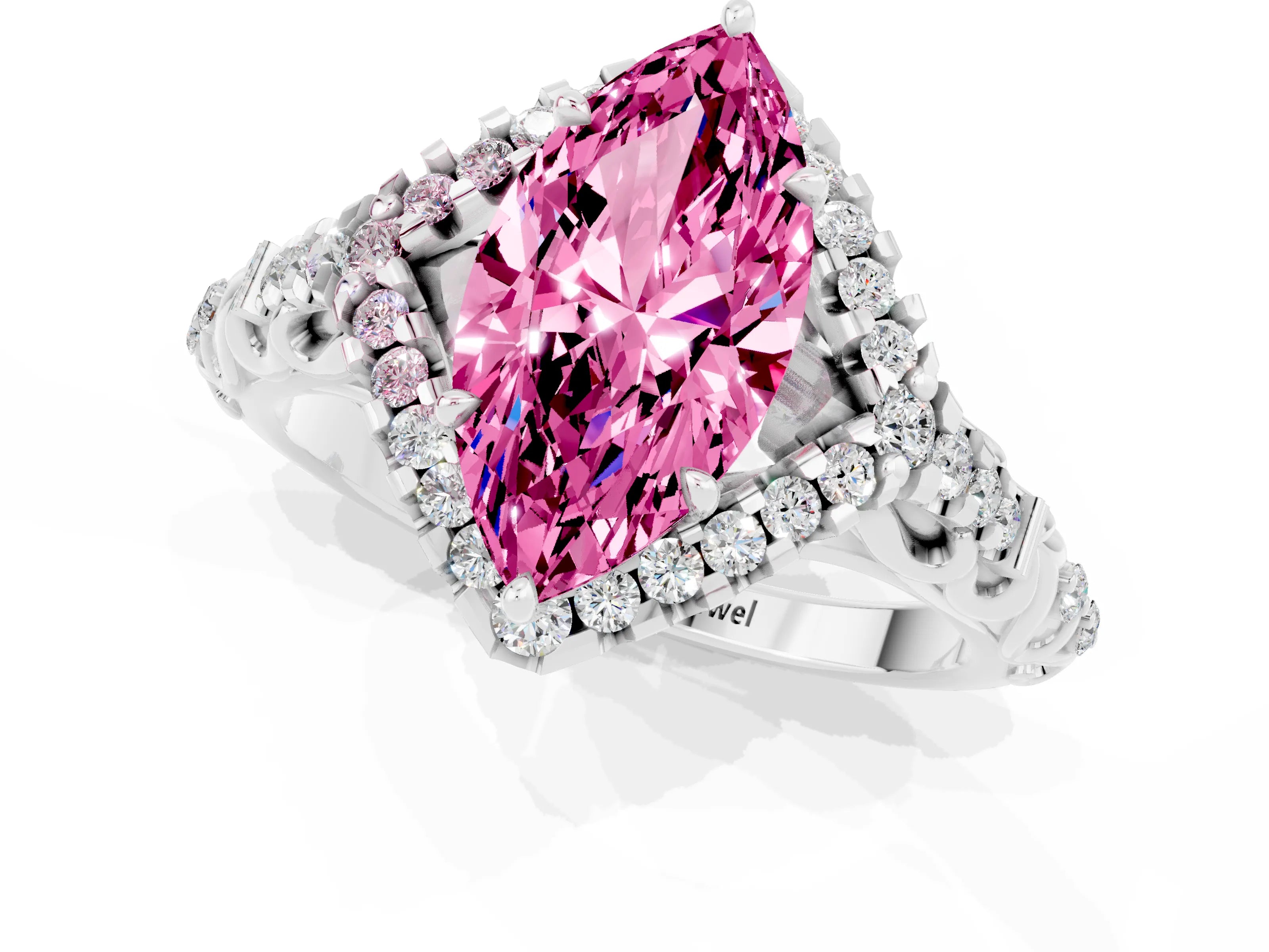 White gold Marquise Cut Pink Sapphire Solitaire Ring with Hidden Halo and Pavé Band_13