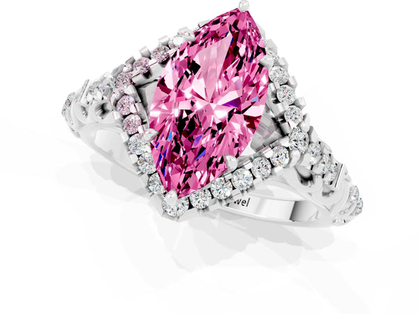 Platinum Marquise Cut Pink Sapphire Solitaire Ring with Hidden Halo and Pavé Band