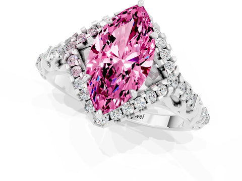 White gold Marquise Cut Pink Sapphire Solitaire Ring with Hidden Halo and Pavé Band_13