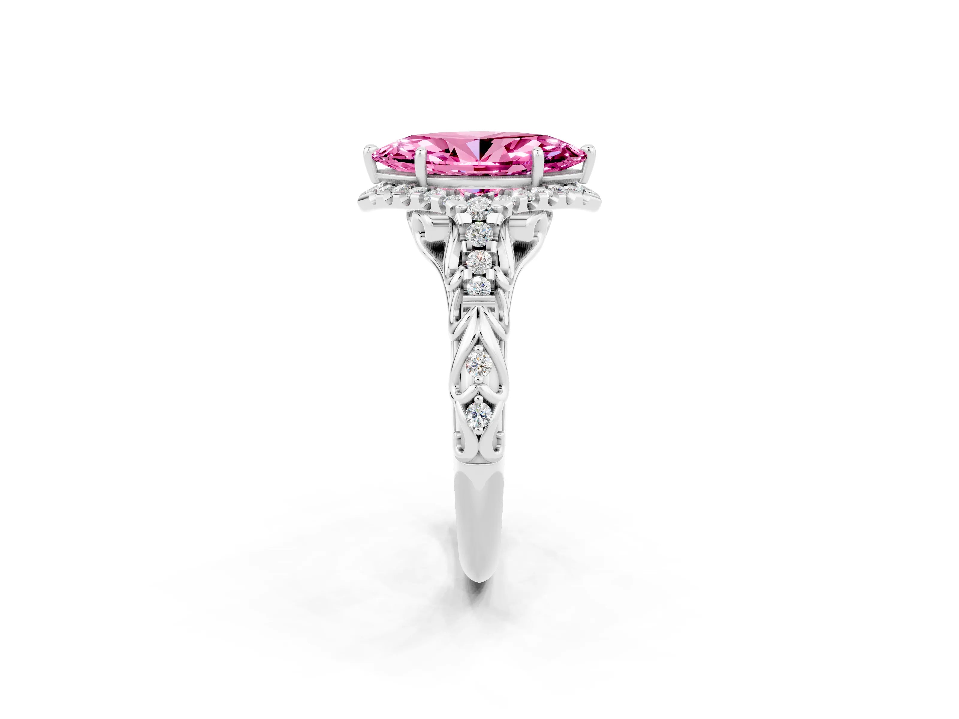 White gold Marquise Cut Pink Sapphire Solitaire Ring with Hidden Halo and Pavé Band_14