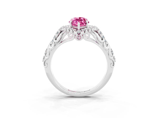Silver Marquise Cut Pink Sapphire Solitaire Ring with Hidden Halo and Pavé Band