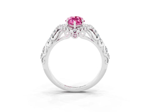 White gold Marquise Cut Pink Sapphire Solitaire Ring with Hidden Halo and Pavé Band_15