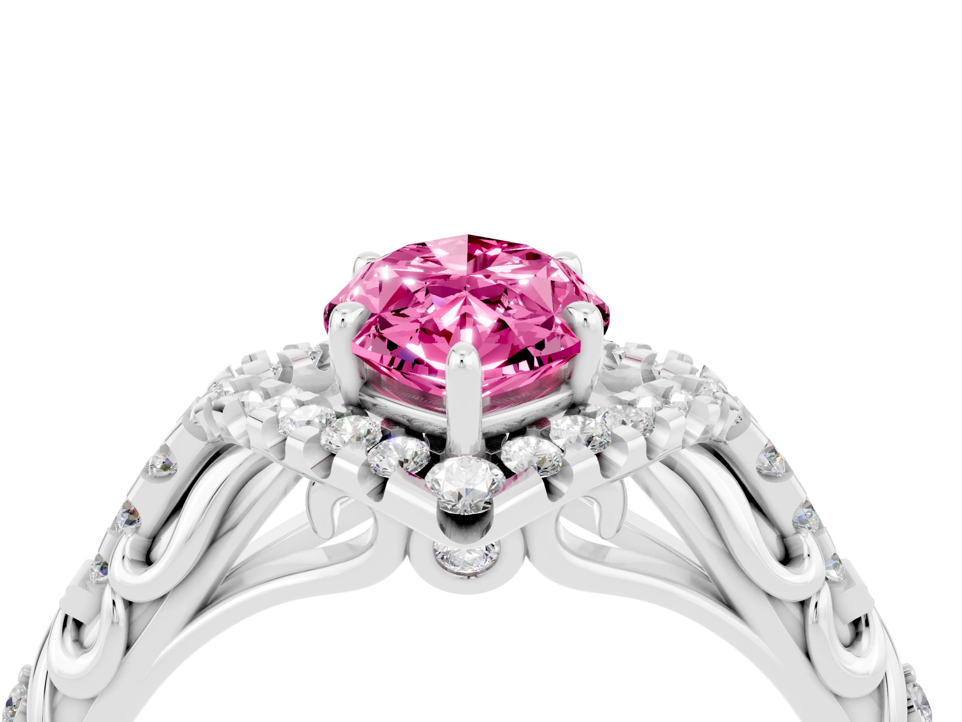 White gold Marquise Cut Pink Sapphire Solitaire Ring with Hidden Halo and Pavé Band_16