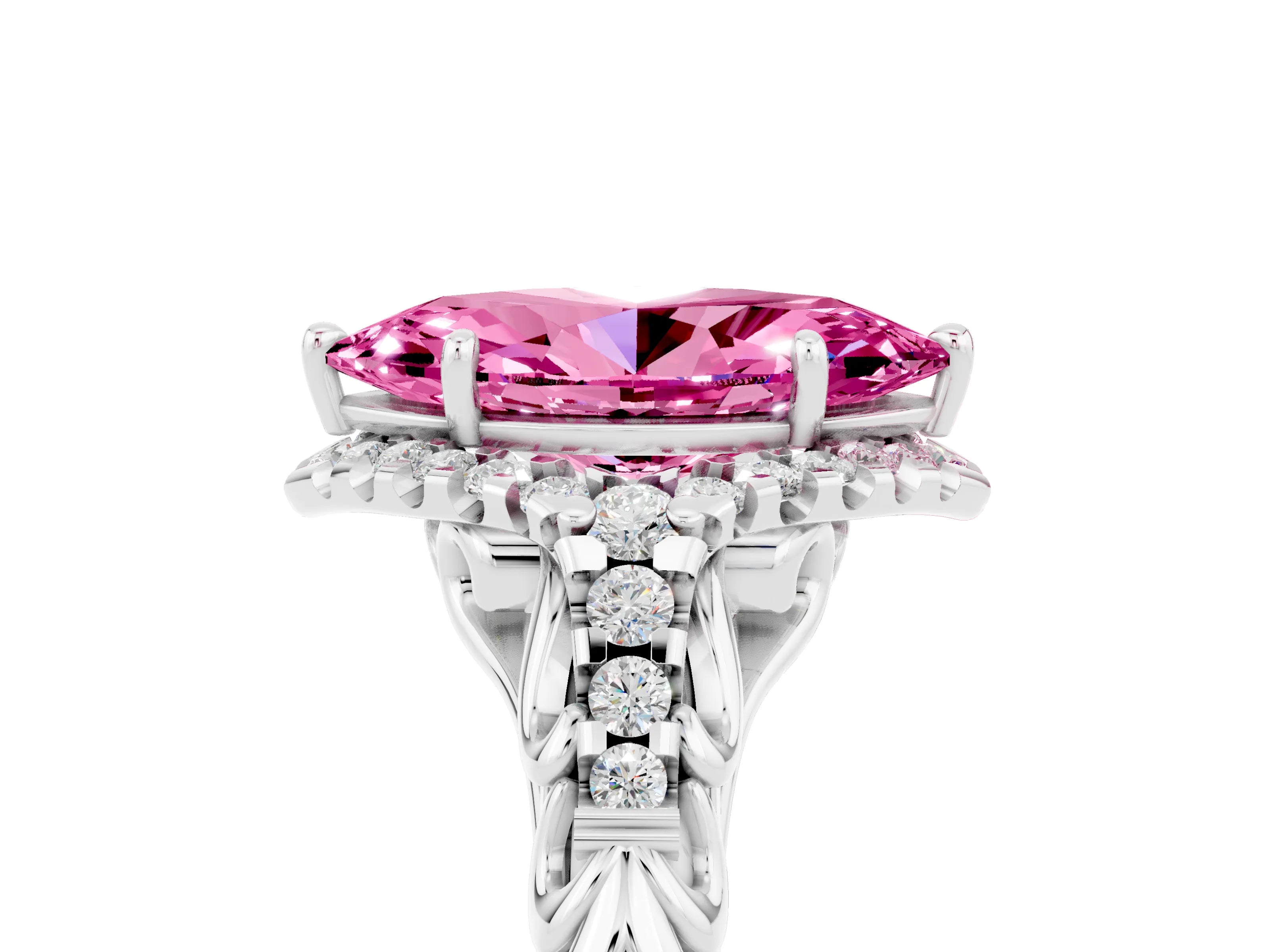 White gold Marquise Cut Pink Sapphire Solitaire Ring with Hidden Halo and Pavé Band_17