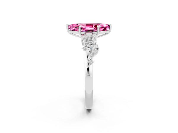 White gold Marquise Cut Pink Sapphire Solitaire Ring with Leaf Motif Band and Four-Prong Setting